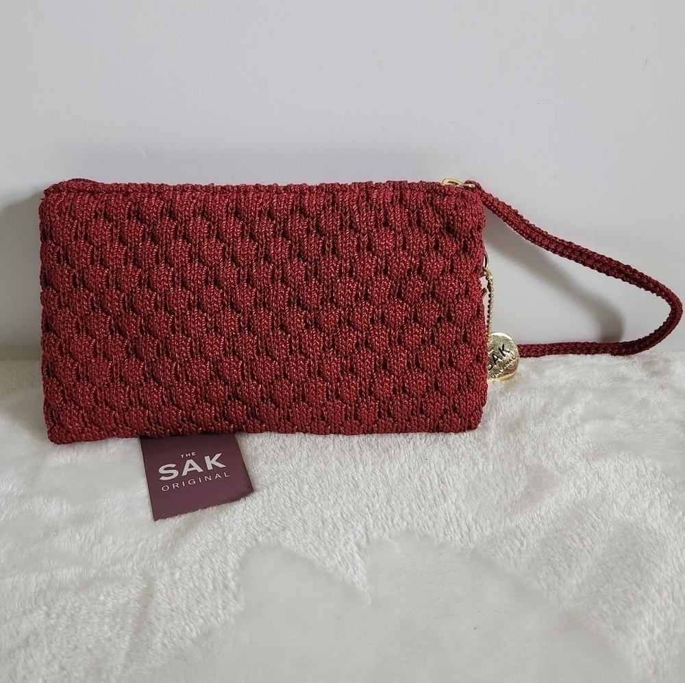 The Sak Christy Burgundy Maroon Garnet Gold Hand Crochet Handbag Clutch Wristlet